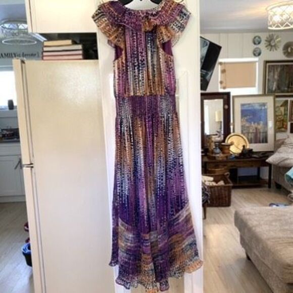 Ramy Brook Multicolor Patterned Maxi with v-neck ruffled sleeveless bodice Sz M, - Picture 7 of 13